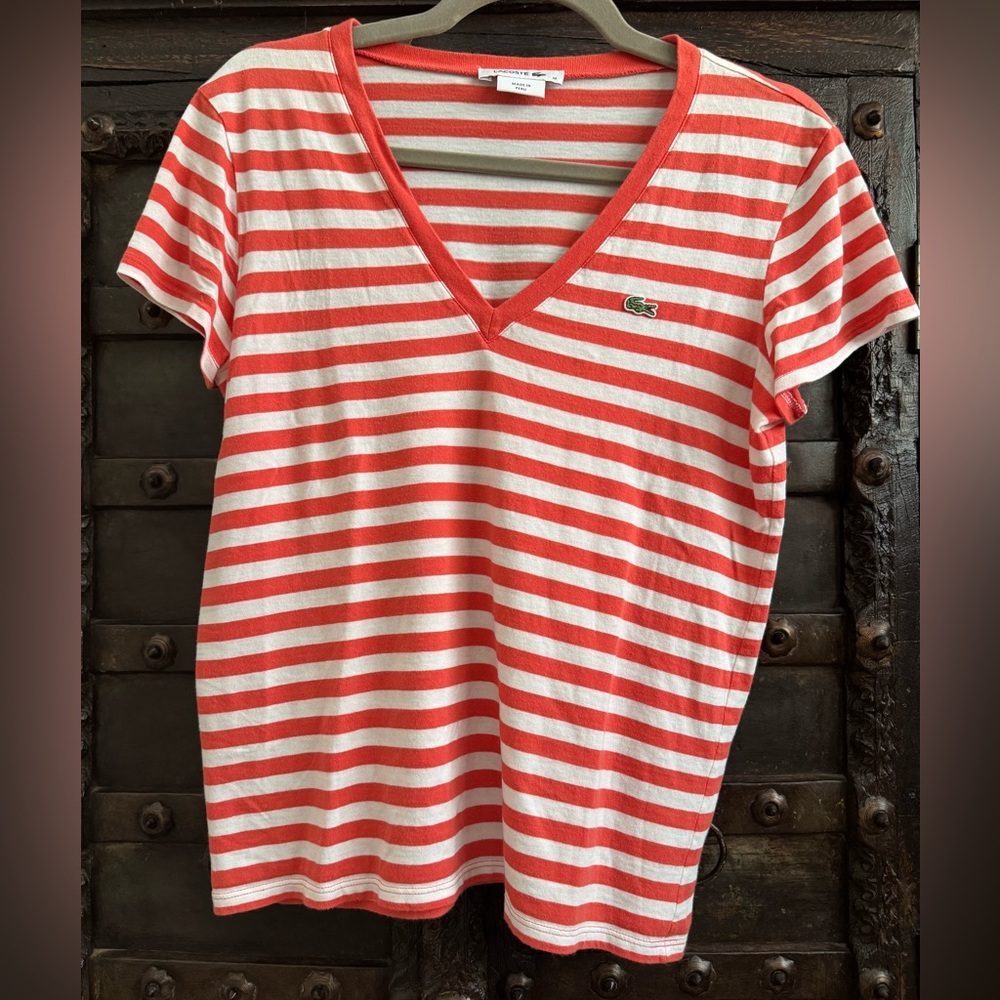 Lacoste Salmon and White Short Sleeve Striped Tee